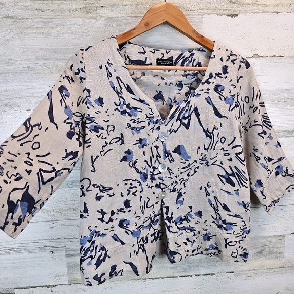 Luca Vanucci Linen Top Medium Beige Abstract Italian Minimalist Neutral V-Neck - Picture 5 of 12